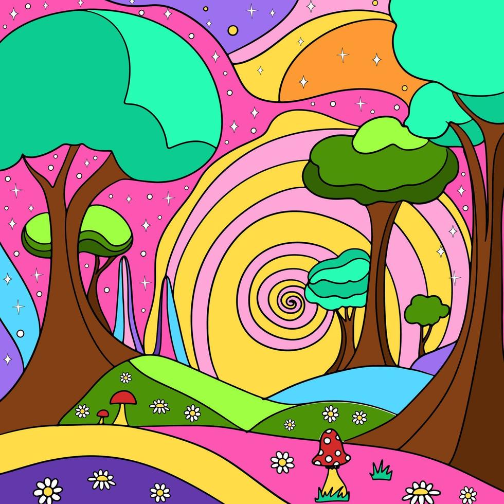 retro psicodélico maravilloso paisaje. Clásico hippie antecedentes vector