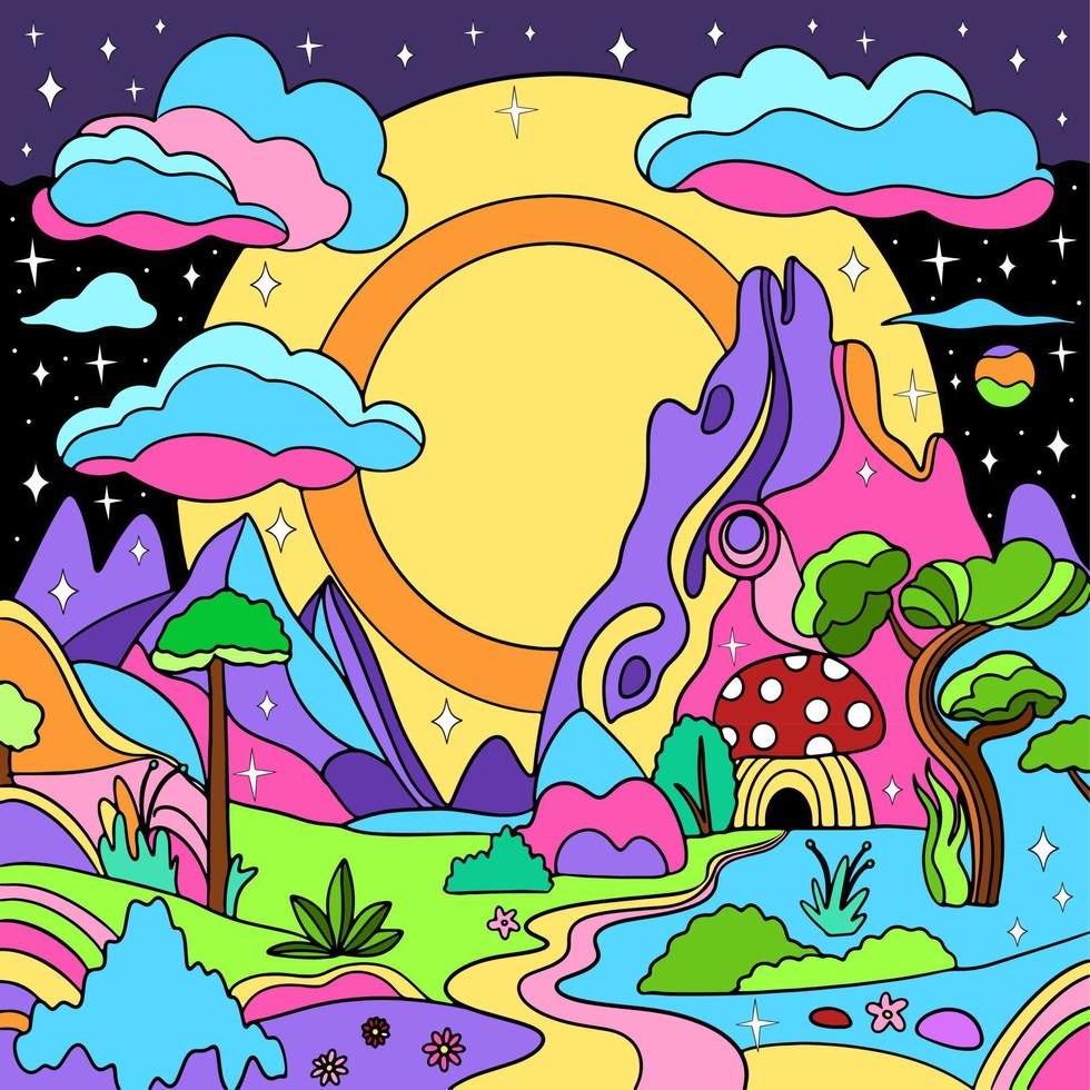 retro psicodélico maravilloso paisaje. Clásico hippie antecedentes vector