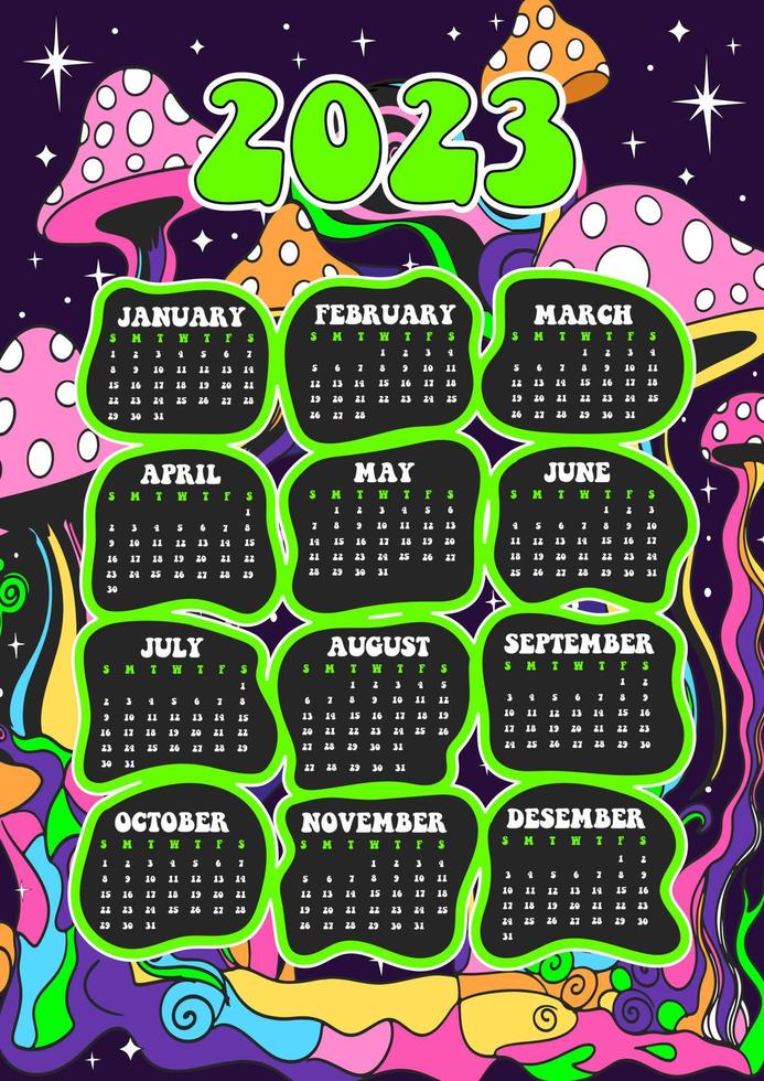 cartoon 2023 year Calendar. Creative psychedelic vector poster