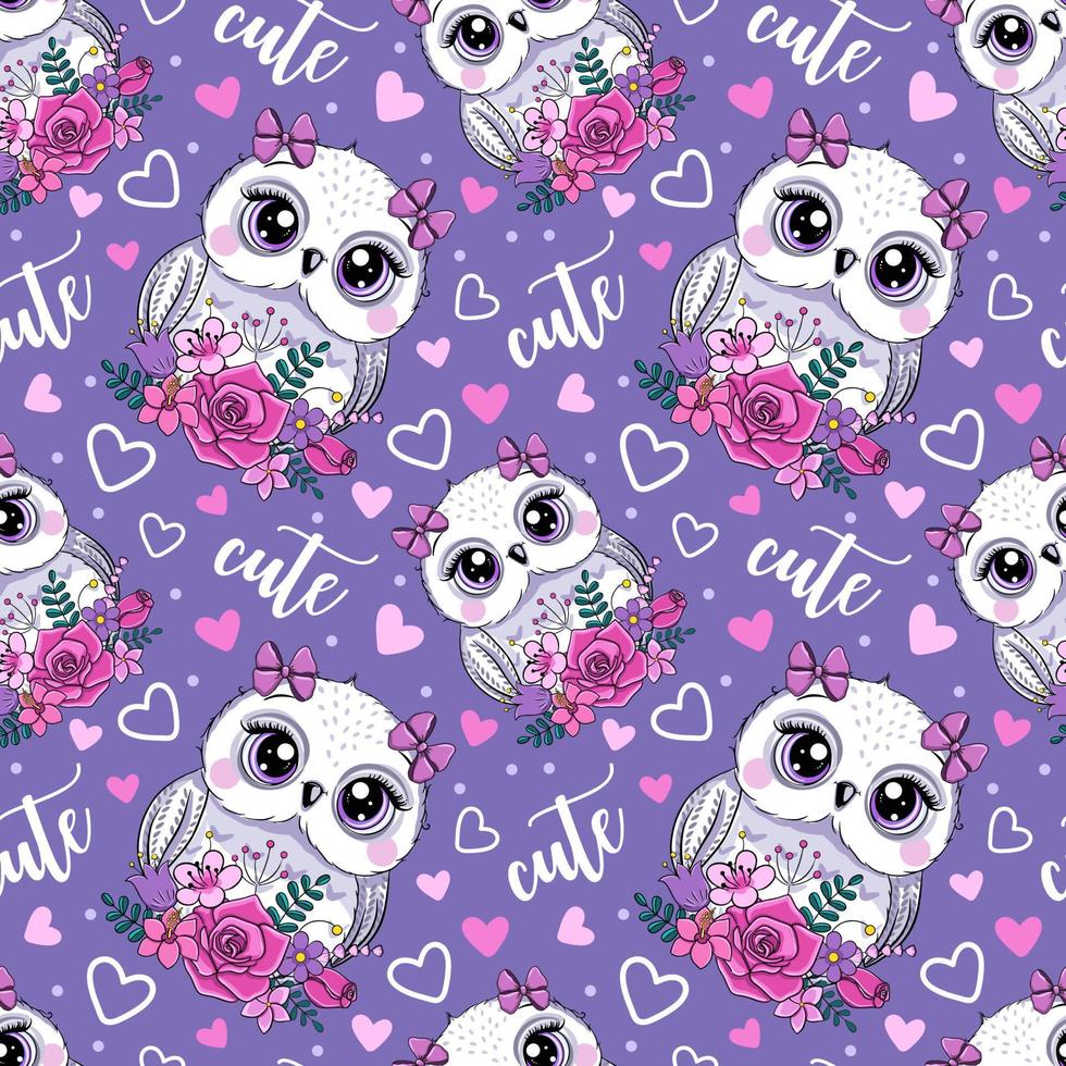 little cute owl and flowers. cartoon vector seamless pattern