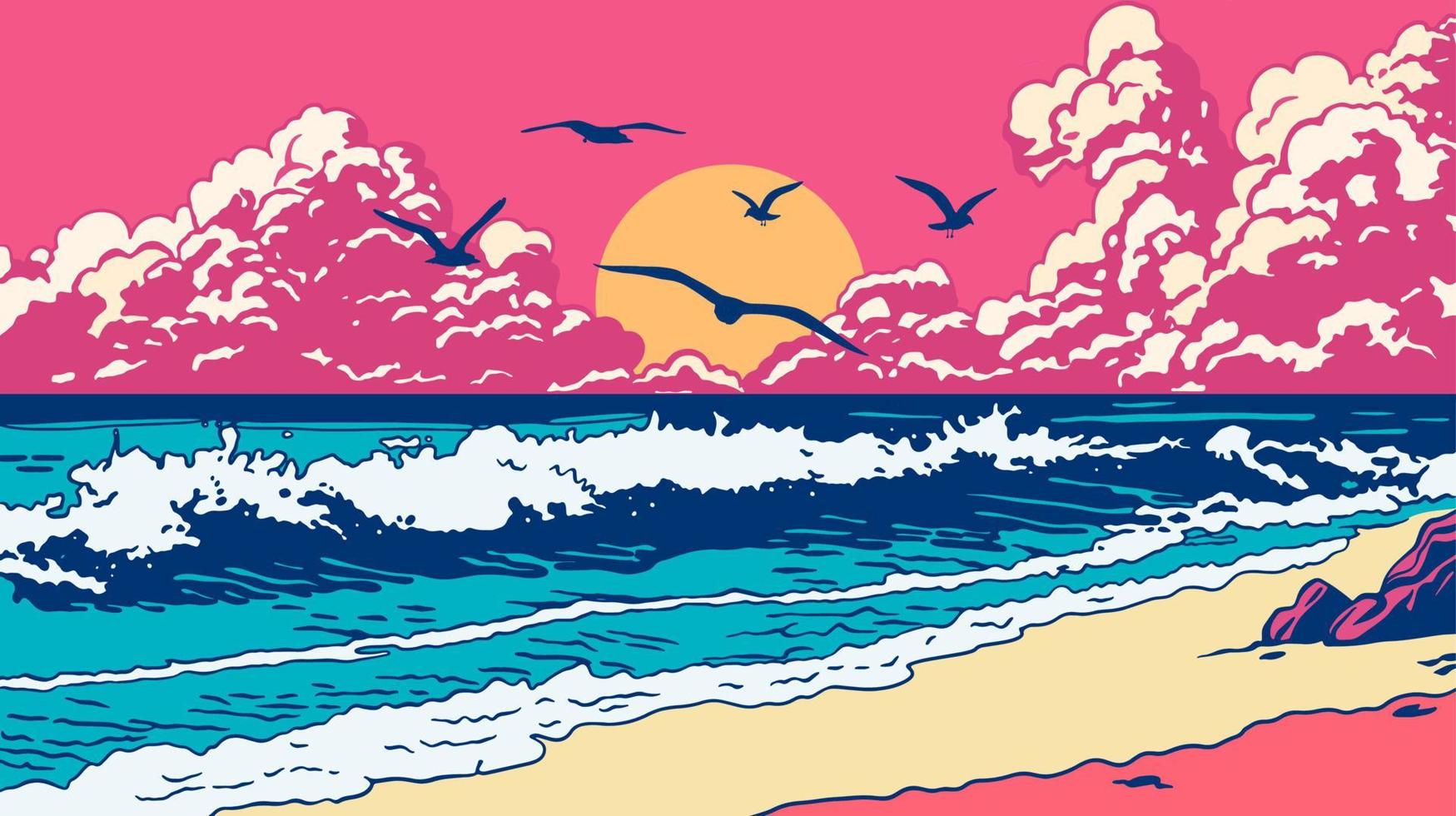 Oceano costa, puesta de sol y Gaviotas retro marina vector paisaje