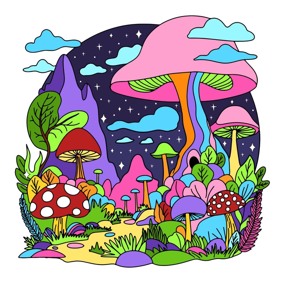 Retro psychedelic landscape. fantastic mushrooms isolated on white background vector