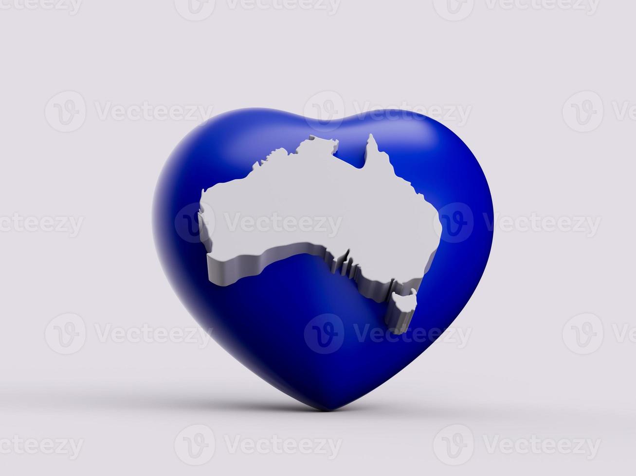 3d azul corazón con 3d blanco mapa de Australia aislado en blanco fondo, 3d ilustración foto