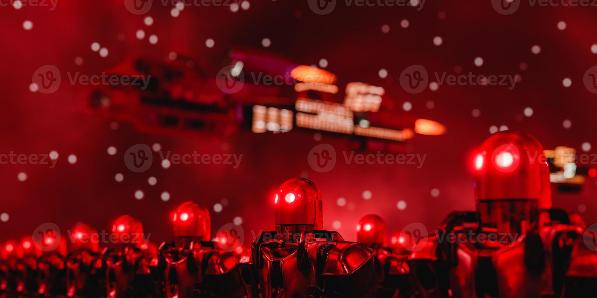 Row of similar robots with neon eyes standing under starry sky. 3d render photo