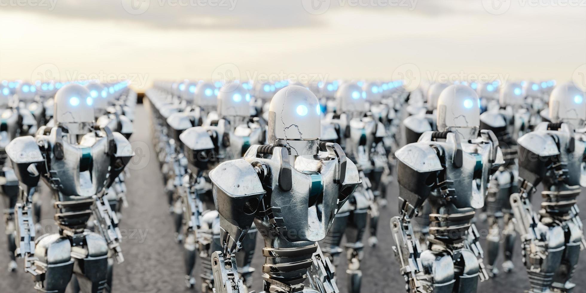 Crowd of robots under cloudy sundown sky. 3d render photo