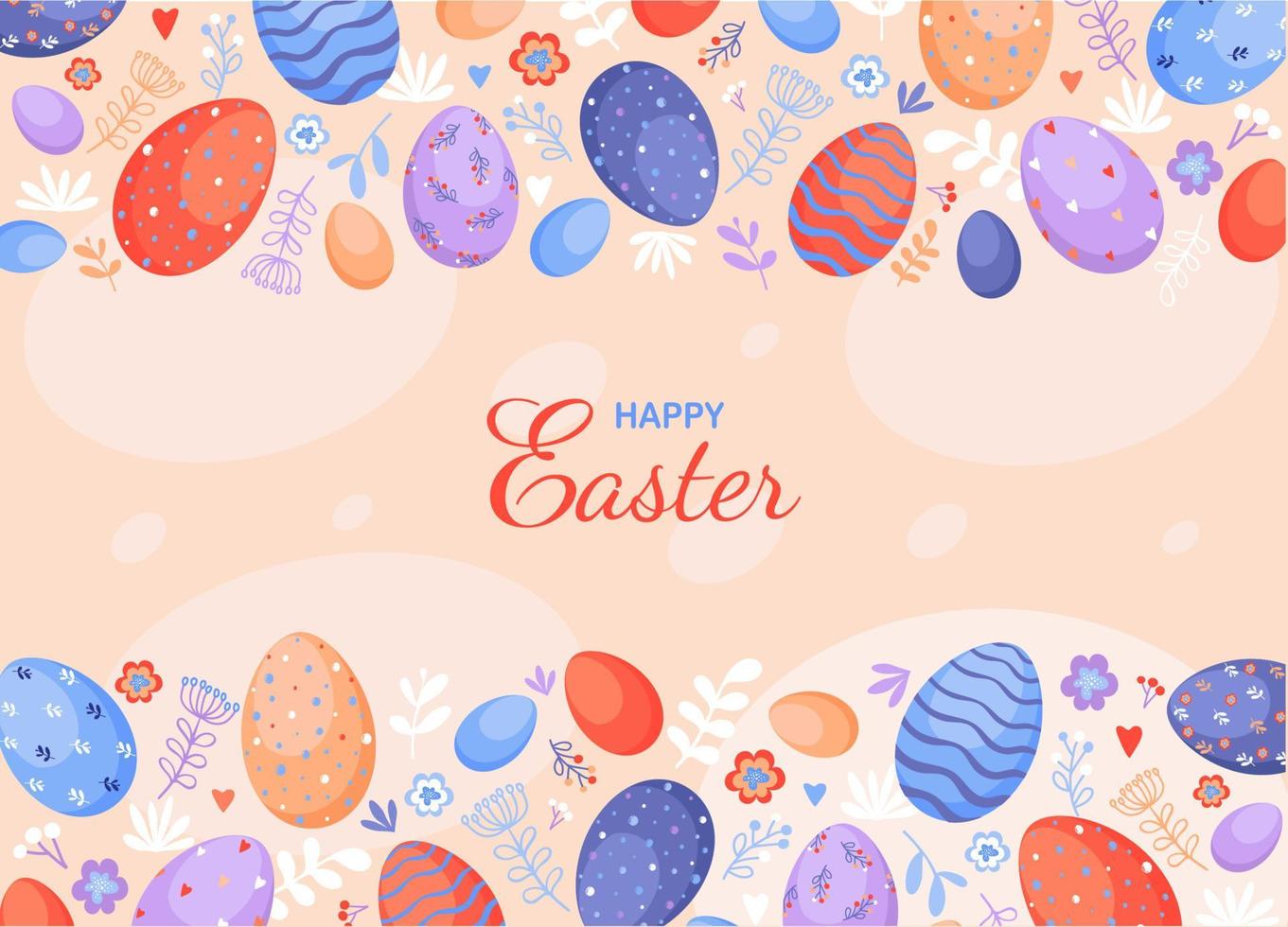 Happy Easter background with decorated eggs and flower. vector