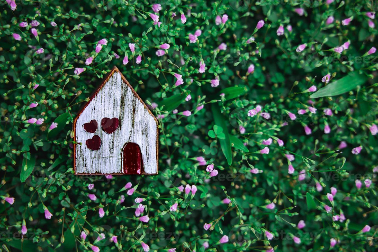 Living in a Harmony Lifestyle Concept. Wooden House Model on Green Grass. Close to Nature photo