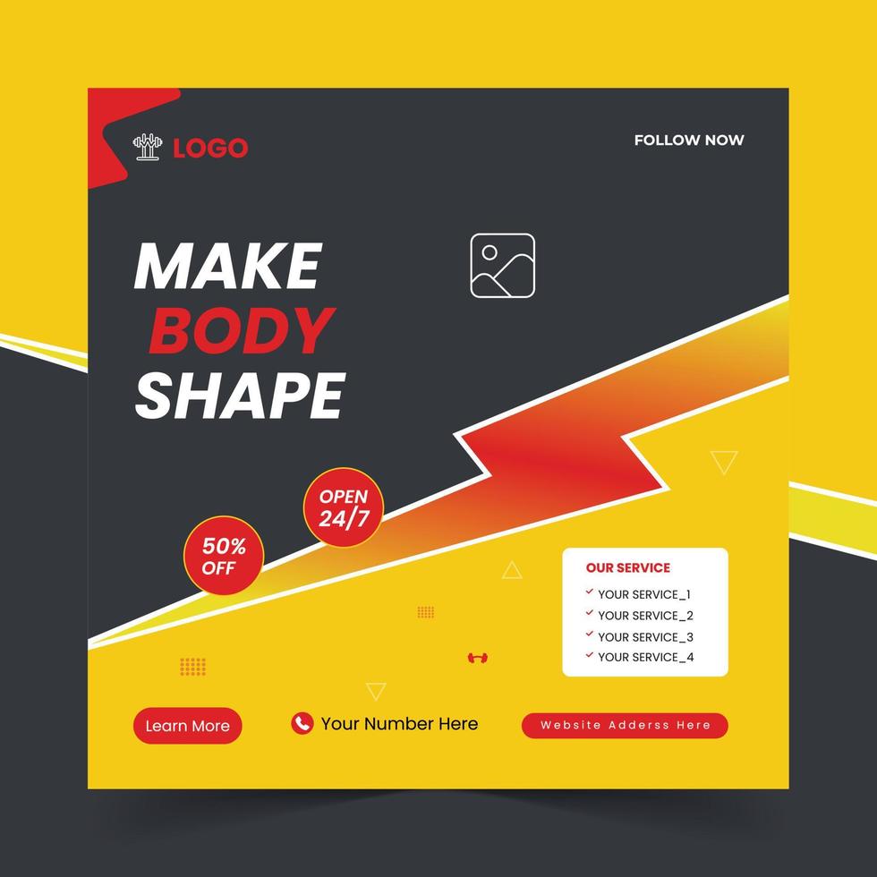 Gym fitness social media post template start training today fitness banner Free Vector