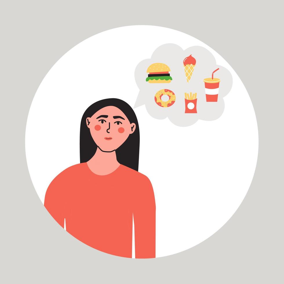 hambriento mujer pensando acerca de alimento. hembra Sueños de rápido alimento. vector