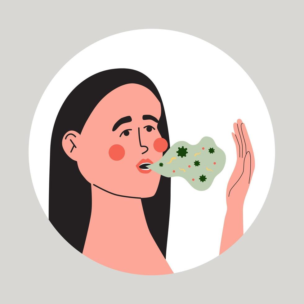 mujer con malo oliendo aliento. halitosis oral salud problema. vector