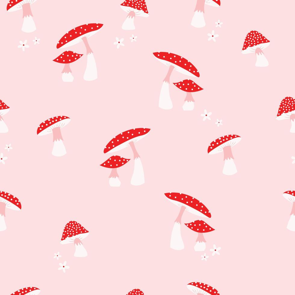 Mushroom and flower seamless pattern. Simple and elegant white and pink design Colorful vector illustration.