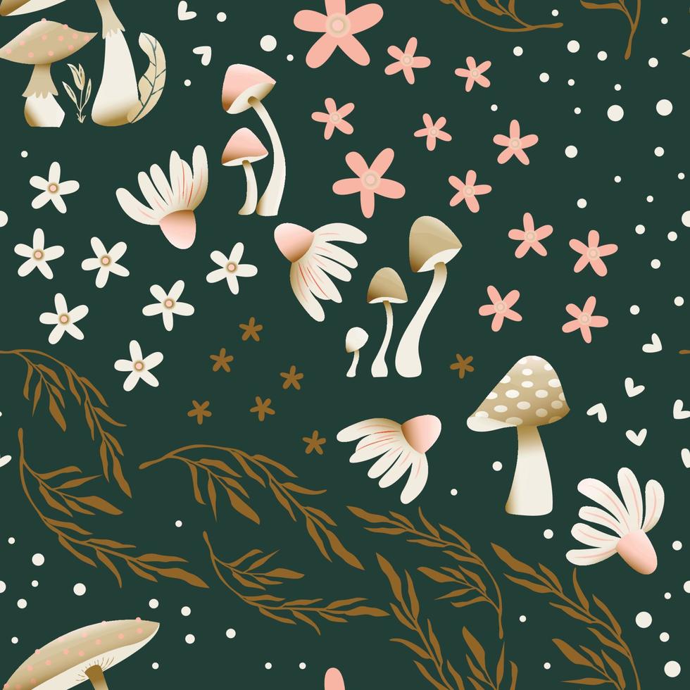 Mushroom and flower seamless pattern with beautiful florals, leaves and buds. Beautiful woodland garden in nature. Colorful vector illustration.