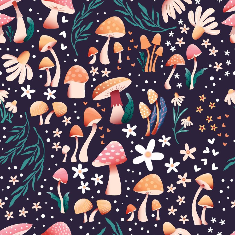 Mushroom and flower seamless pattern with beautiful florals, leaves and buds. Beautiful woodland garden in nature. Colorful vector illustration.