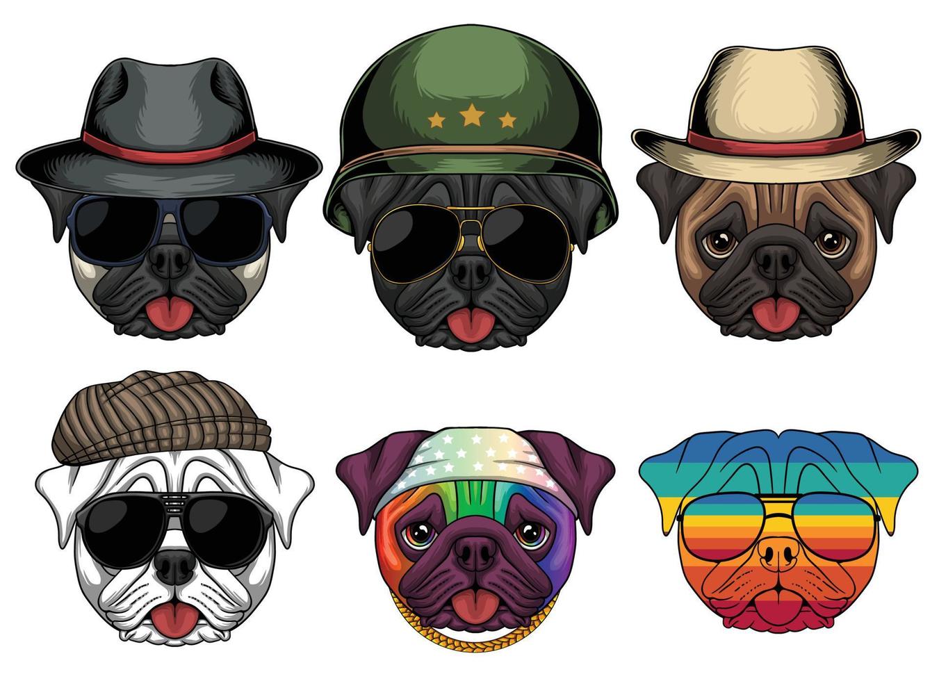 Pug dog fashion set collection vector