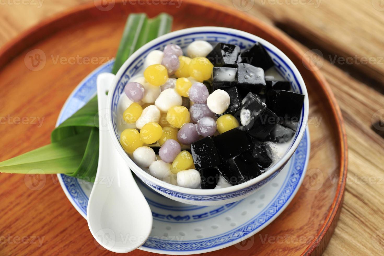 Chinese Dessert Black Grass Jelly with Taro Balls photo