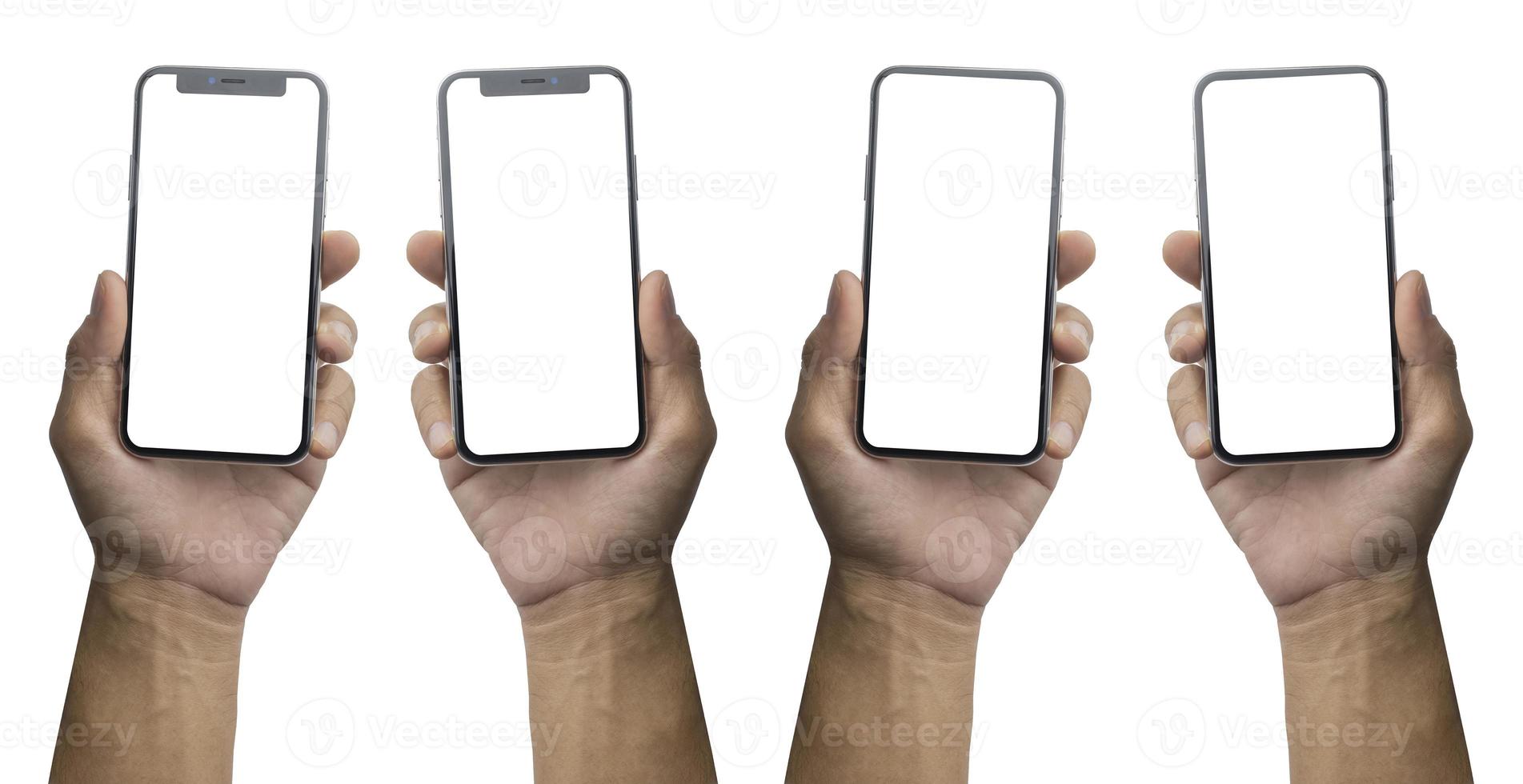 Close up hand holding showing blank empty screen of her smart telephone isolated white color backdrop photo