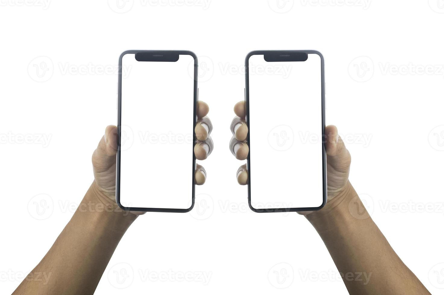 Close up hand holding showing blank empty screen of her smart telephone isolated white color backdrop photo
