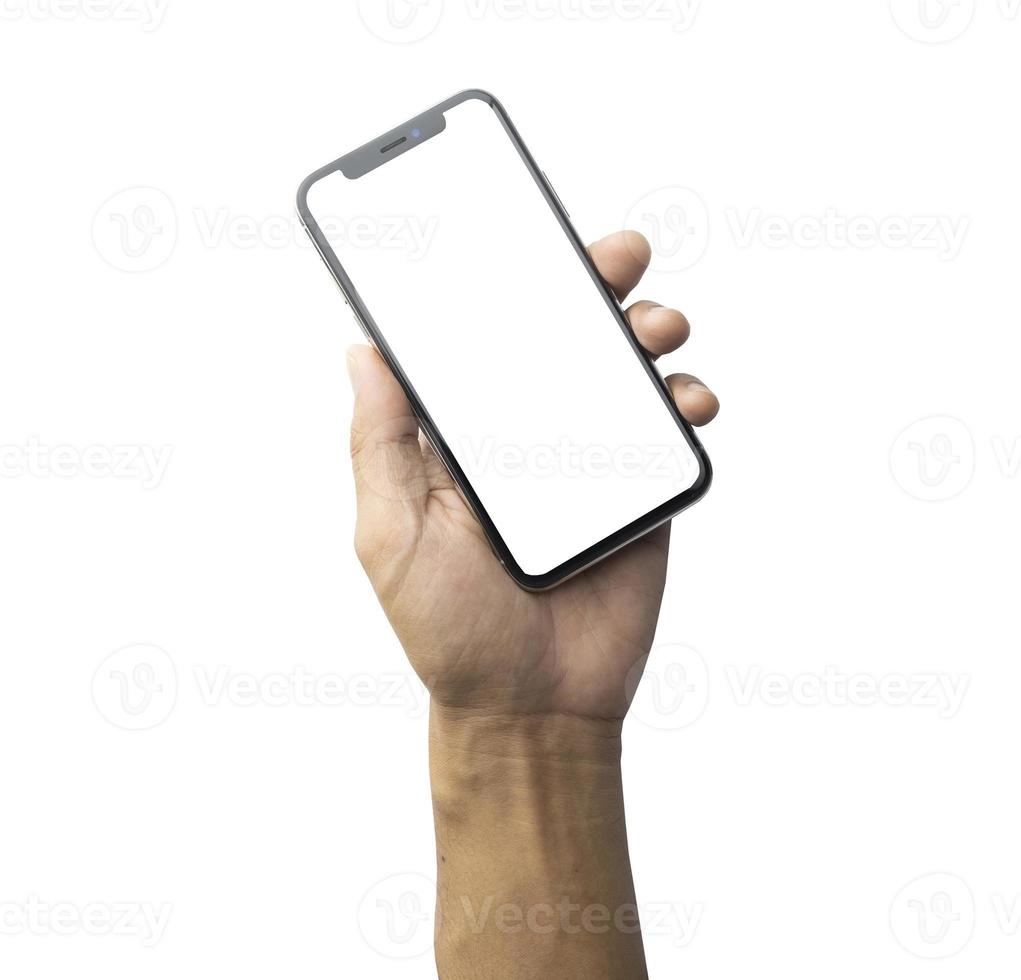 Close up hand holding showing blank empty screen of her smart telephone isolated white color backdrop photo