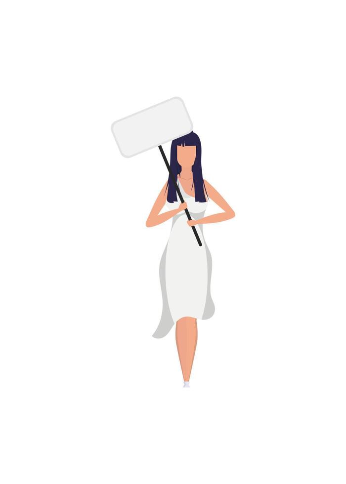 A woman in full growth with a banner in her hands. Isolated on white background. Flat style. . vector