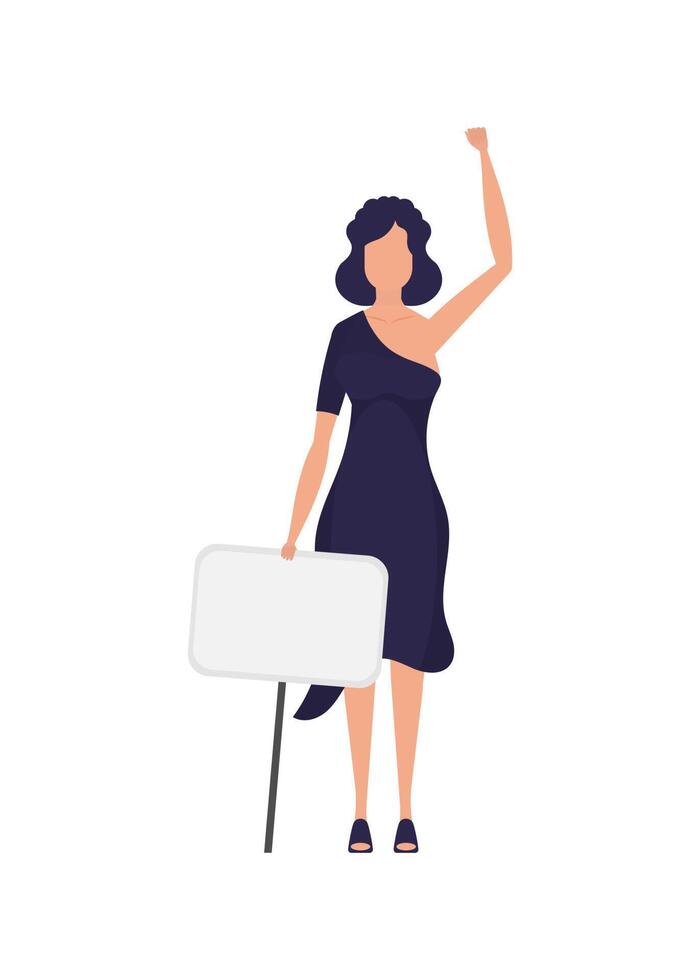 A girl in full growth with a banner in her hands. Isolated. Flat style. Vector illustration.