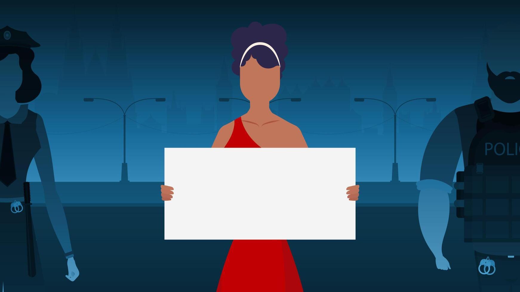 A woman protests with a banner against the backdrop of the city. The concept of expressing thoughts, dissatisfaction and protests. illustration. vector