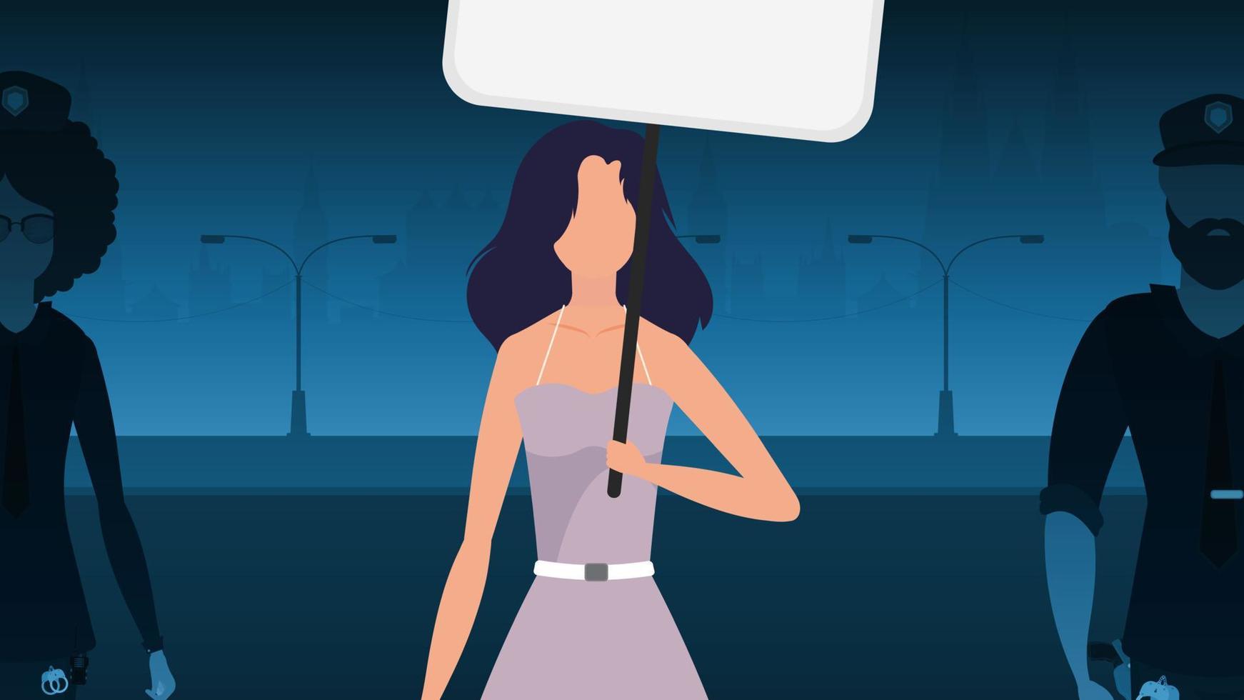 A woman protests with a banner against the backdrop of the city. The concept of expressing thoughts, dissatisfaction and protests. Vector illustration.