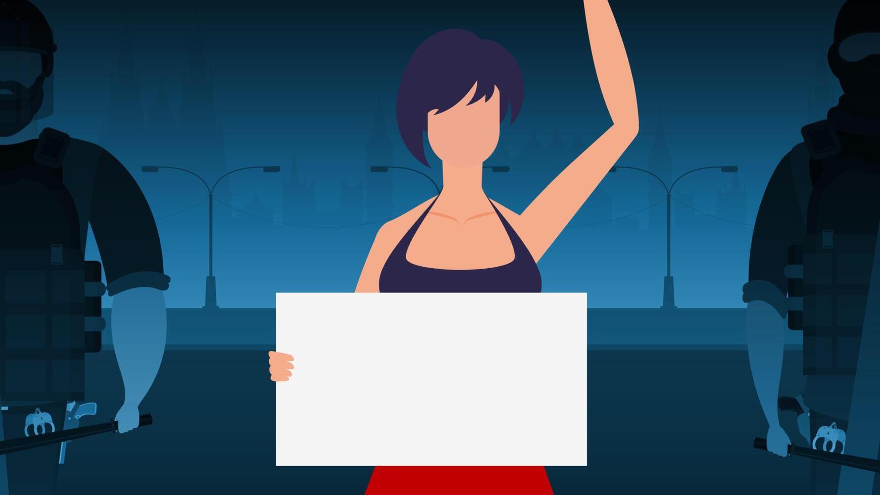 A woman with a banner on the background of the city. Protest concept. illustration. vector