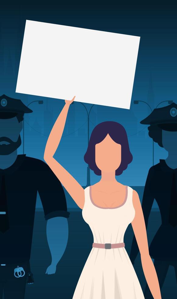 A woman protests with a banner against the backdrop of the city. The concept of expressing thoughts, dissatisfaction and protests. Vector illustration.