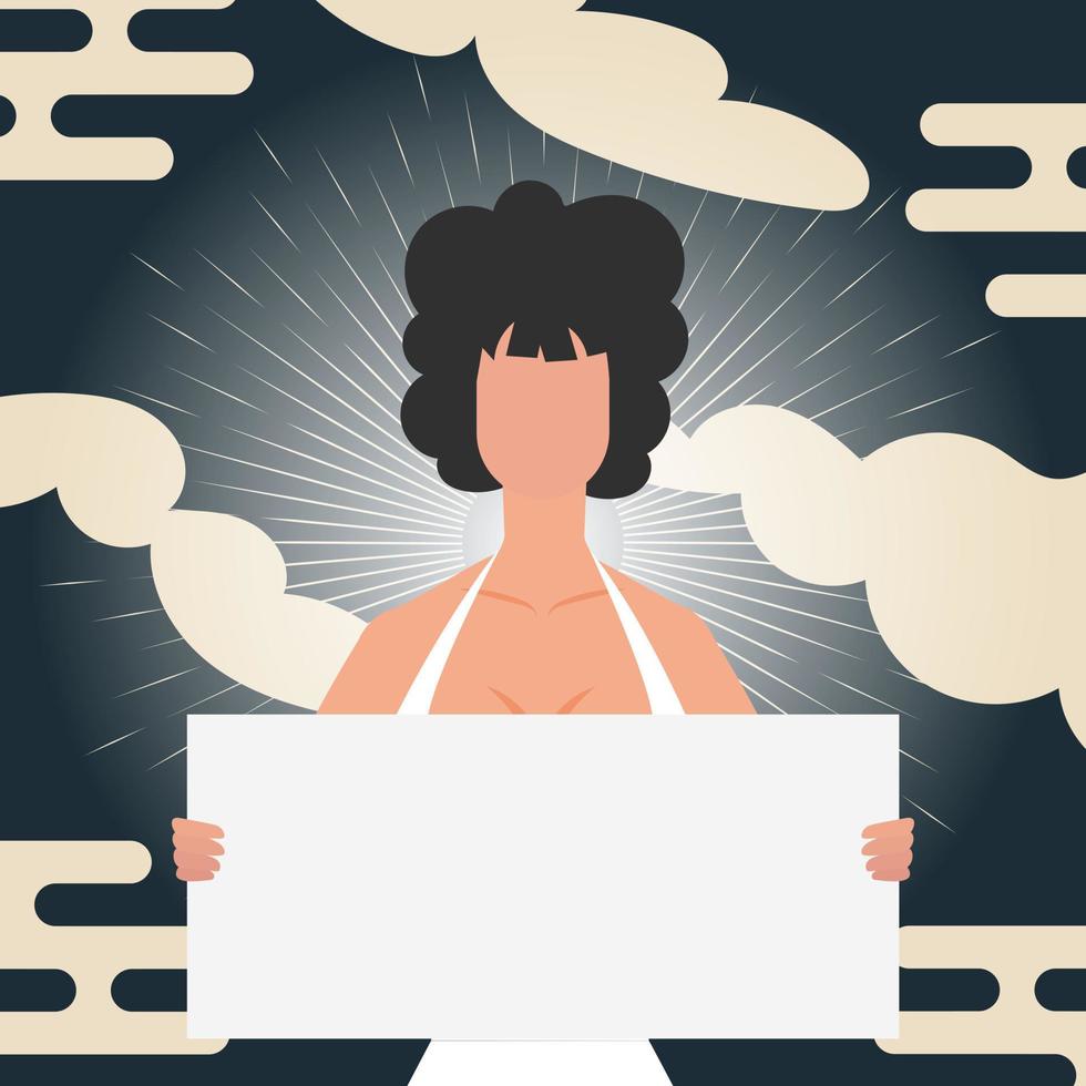 Woman with a banner. Chinese style banner. The concept of expressing thoughts, dissatisfaction and protests. Vector illustration.