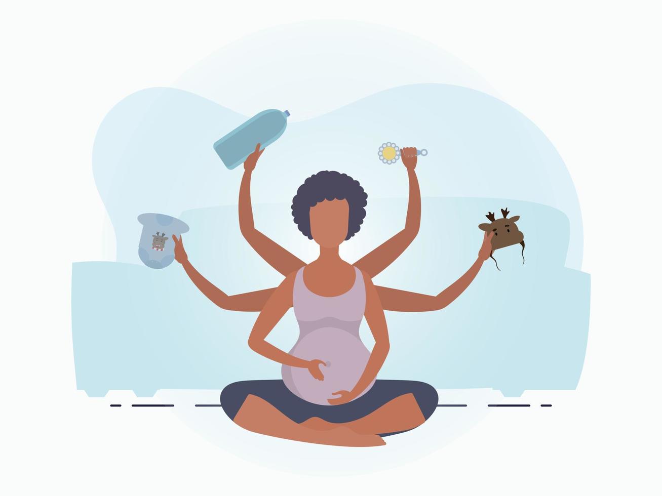 Pregnant girl in the lotus position. Active well built pregnant female character. Banner in blue colors for your design. Flat vector illustration.