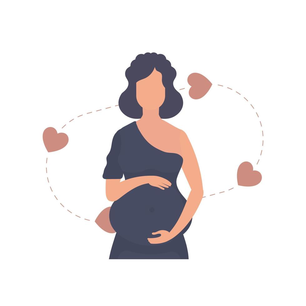 Pregnant Woman lovingly holds her belly. Isolated on white background. Vector illustration.