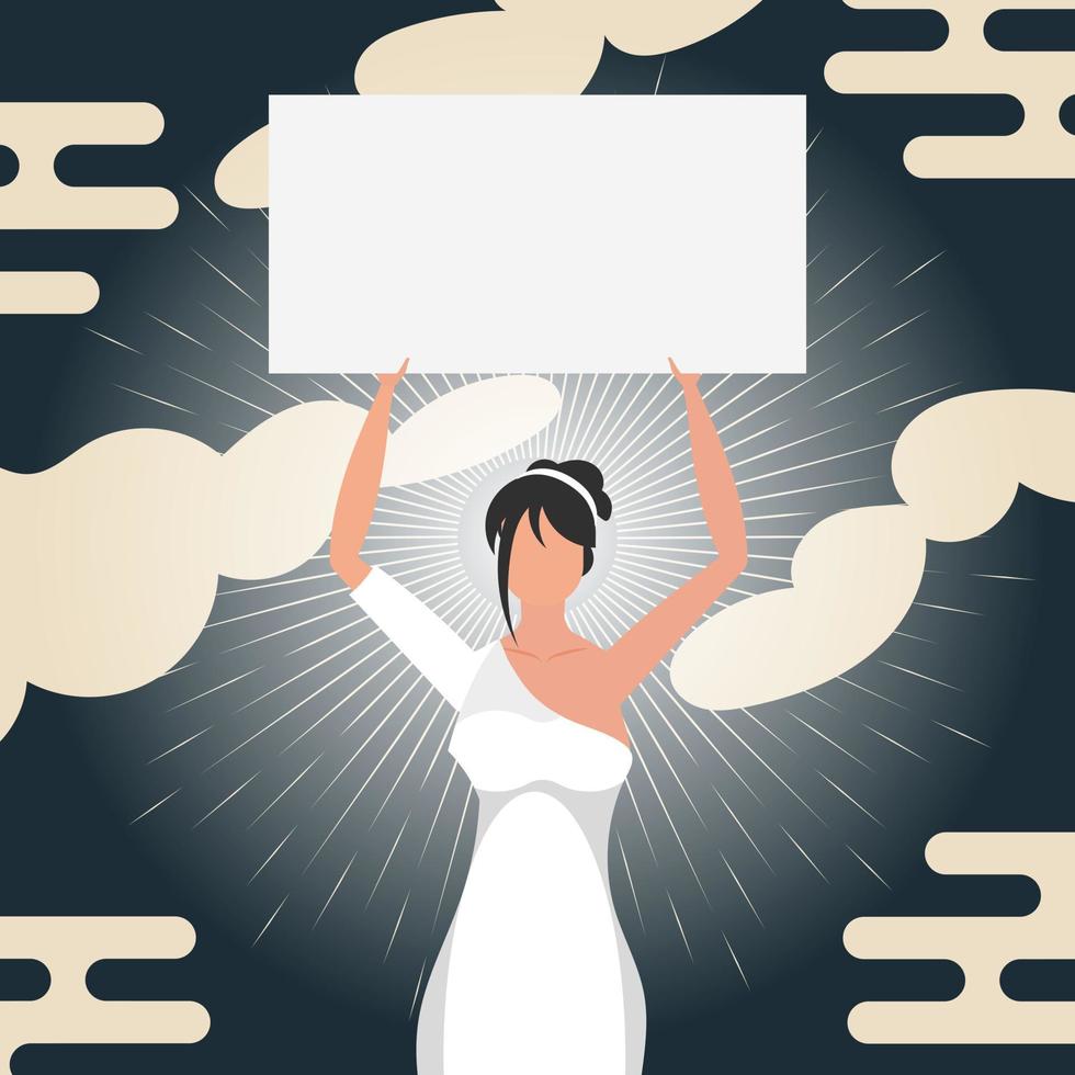 Woman with a banner. Chinese style banner. The concept of resistance. Vector illustration.