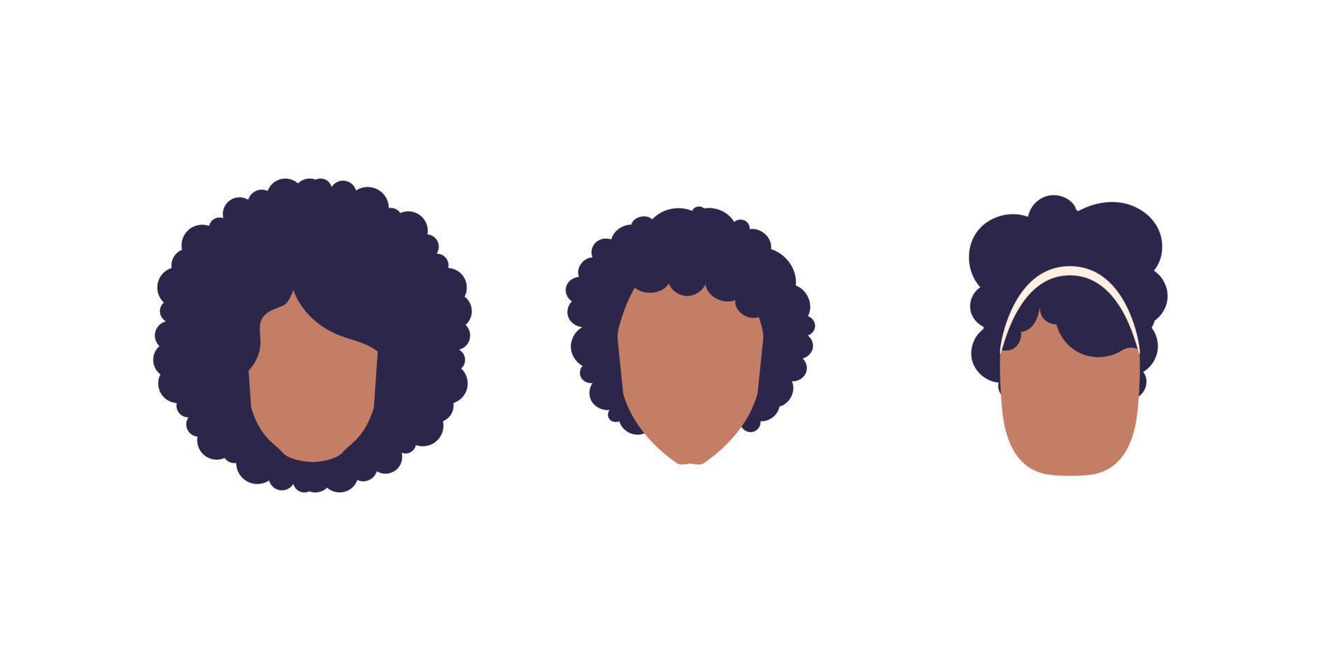 Set of faces Women of African American appearance. Isolated on white background. Vector illustration.