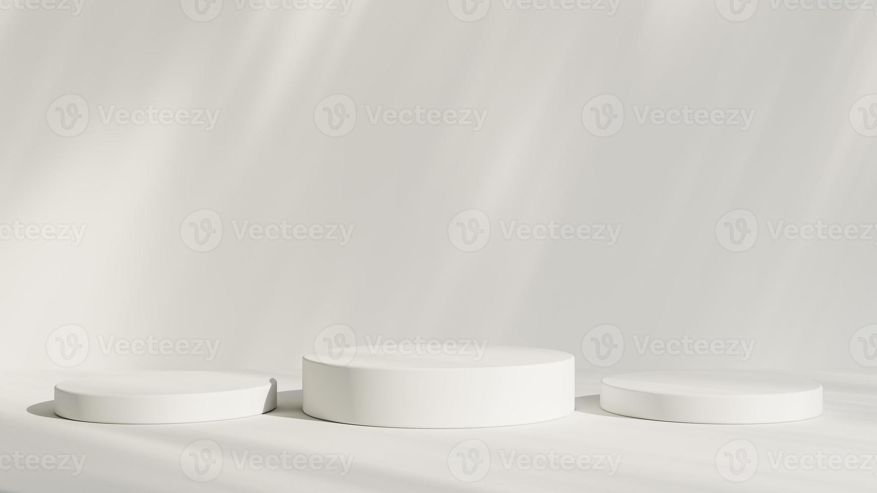 Abstract white room with realistic white cylinder pedestal podium set and leaf shadow overlay. Minimal scene for product display presentation. geometric platform stage for showcase. photo