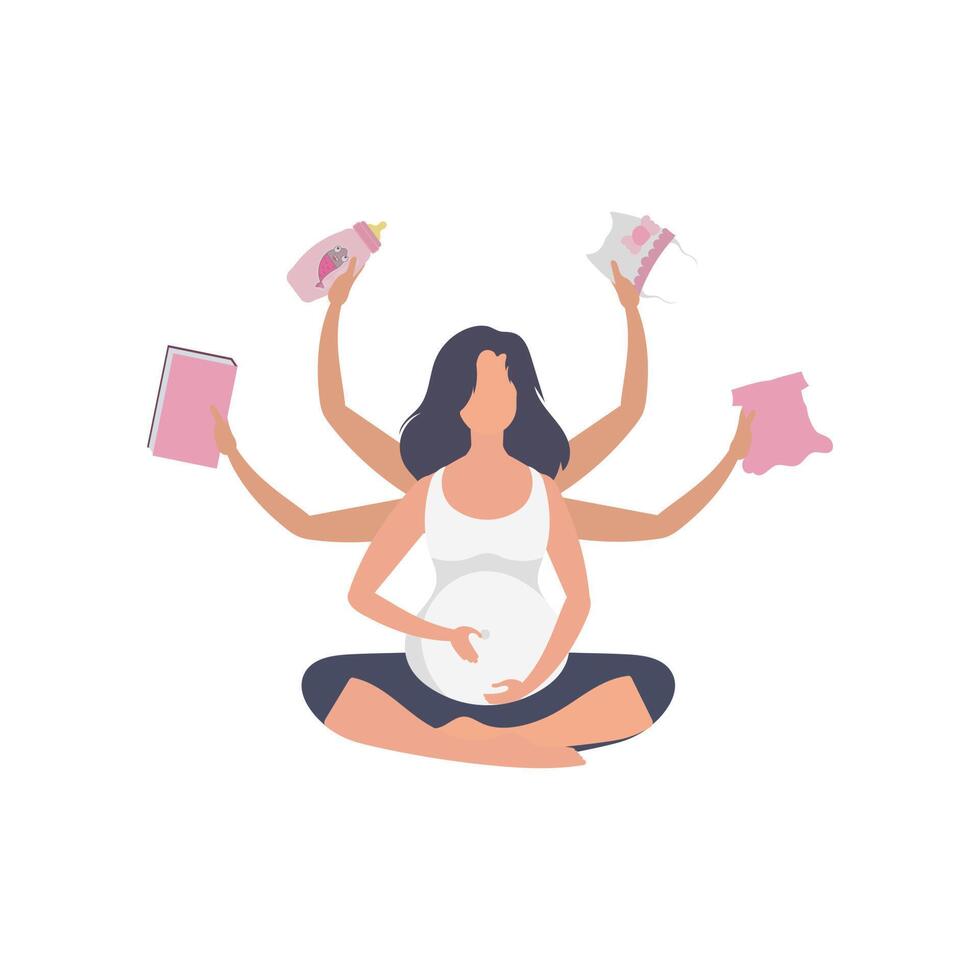 Yoga for pregnant women. Active well built pregnant female character. Isolated on white background. Vector illustration in cartoon style.