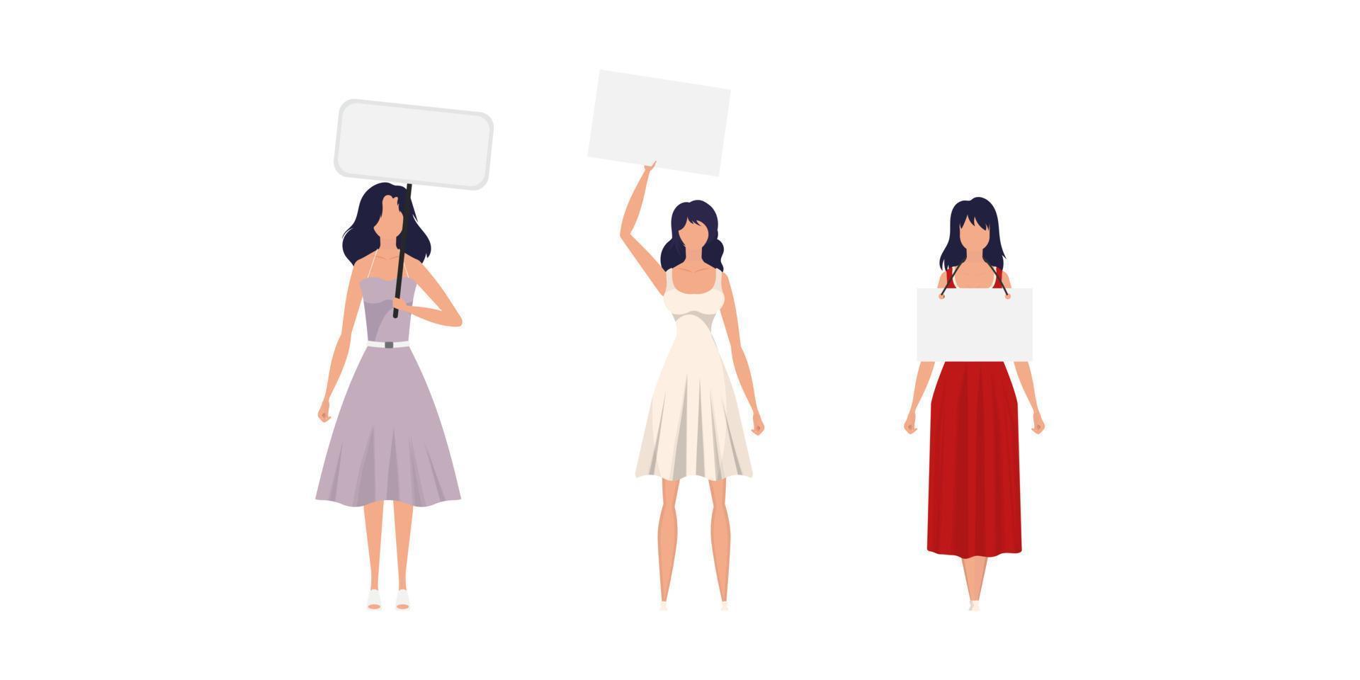 A set of Full Body Girls protest with a banner. Isolated. Flat style. Vector. vector