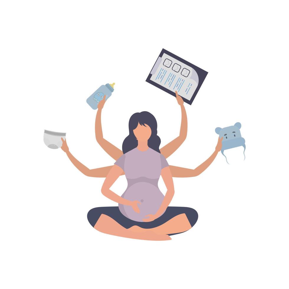 yoga para embarazada mujer. activo bien construido embarazada hembra personaje. aislado en blanco antecedentes. plano vector ilustración.