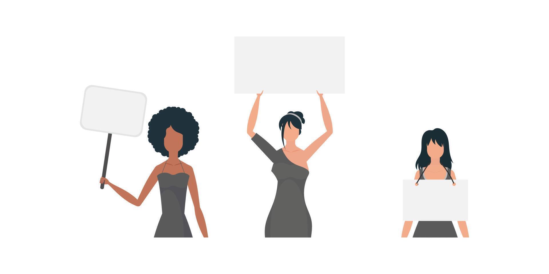 A woman protests with a banner. The concept of expressing thoughts, dissatisfaction and protests. Set for banners and designs. Vector illustration.