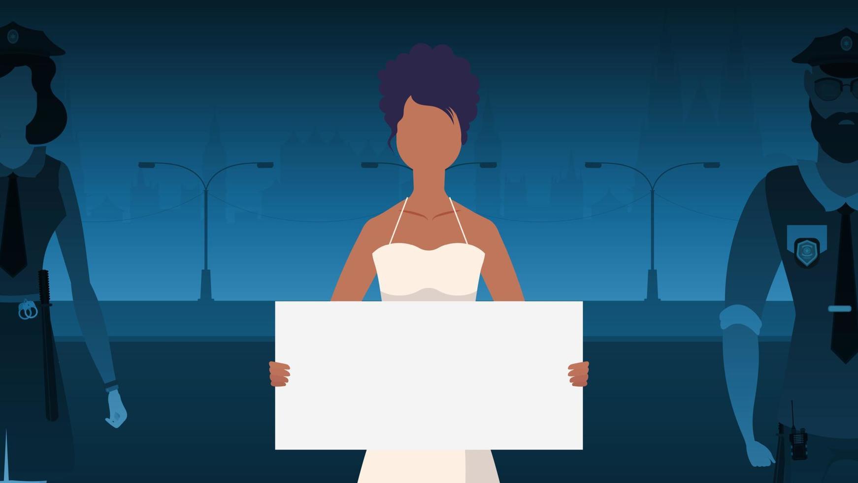 A woman protests with a banner against the backdrop of the city. The concept of expressing thoughts, dissatisfaction and protests. Vector illustration.