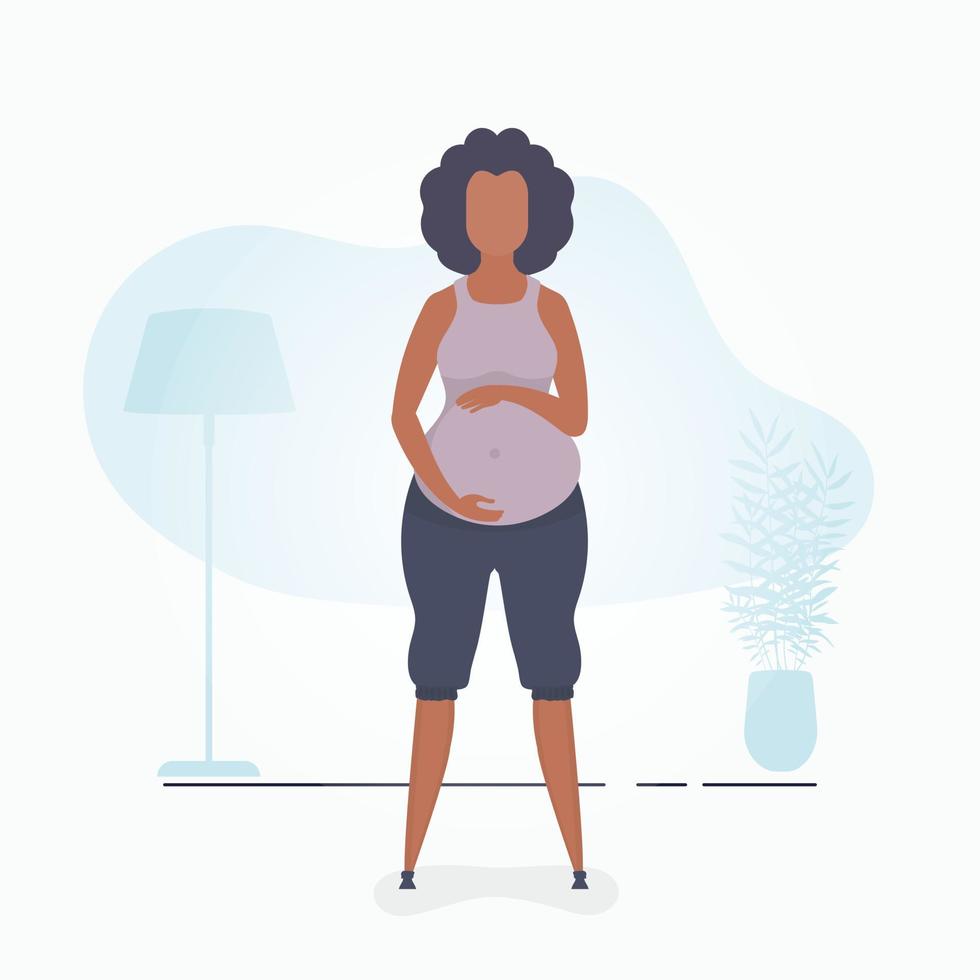 Pregnant girl in full growth. Well built pregnant female character. Banner in blue colors for your design. Flat vector illustration.