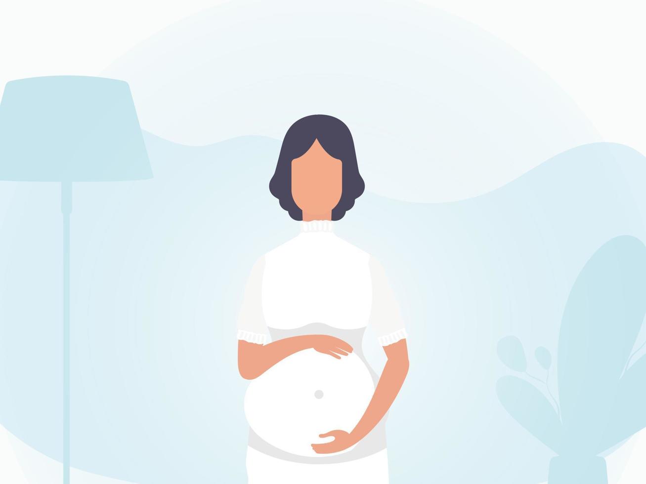 un embarazada niña sostiene su manos en su estómago. bandera en azul tonos vector. vector