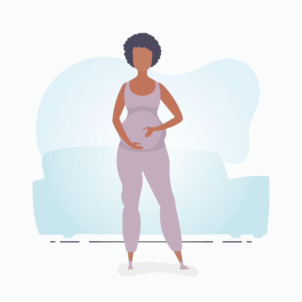 Full length pregnant woman. Happy pregnancy. Banner in blue colors for your design. Flat vector illustration.