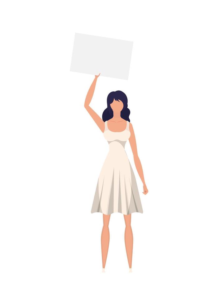 A girl in full growth with a banner in her hands. Isolated. Flat style. . vector