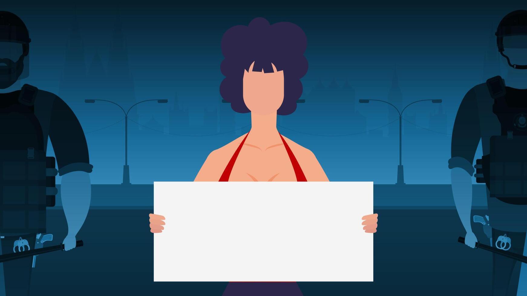 A woman with a banner on the background of the city. Protest concept. Vector illustration.