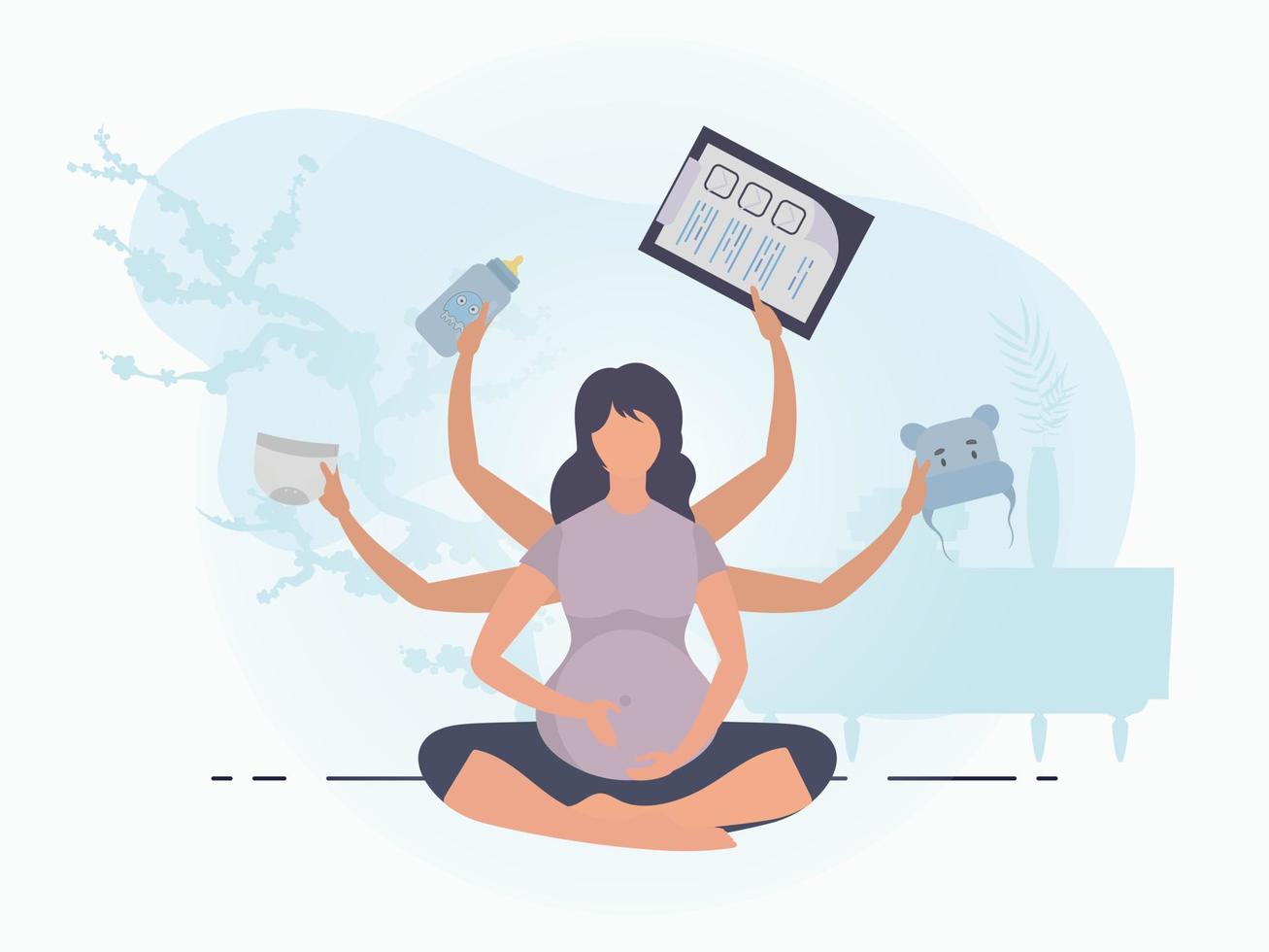 Yoga for pregnant women. Yoga and sports for pregnant women. Banner in blue colors for your design. Flat vector illustration.