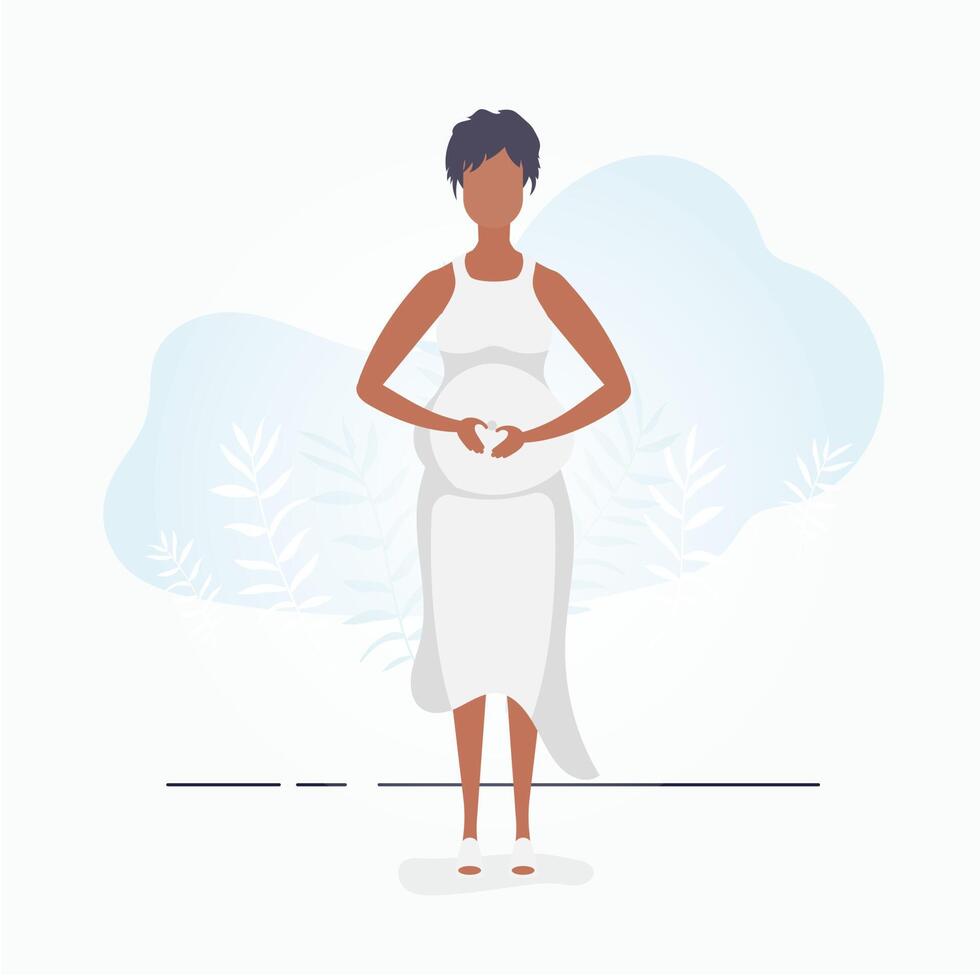 Pregnant girl in full growth. Well built pregnant female character. Postcard or poster in gentle colors for you. Flat vector illustration.