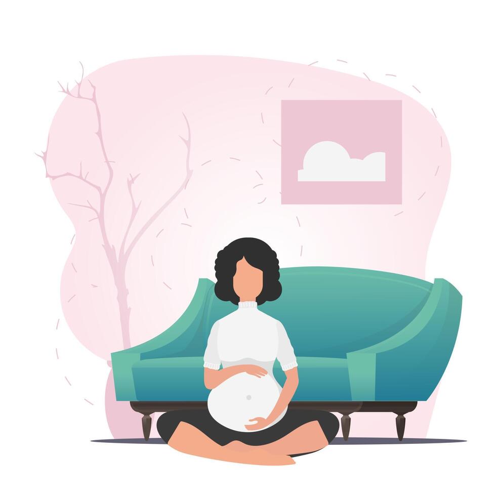 Pregnant woman in the lotus position. The concept of motherhood and a healthy lifestyle. Cartoon style. vector