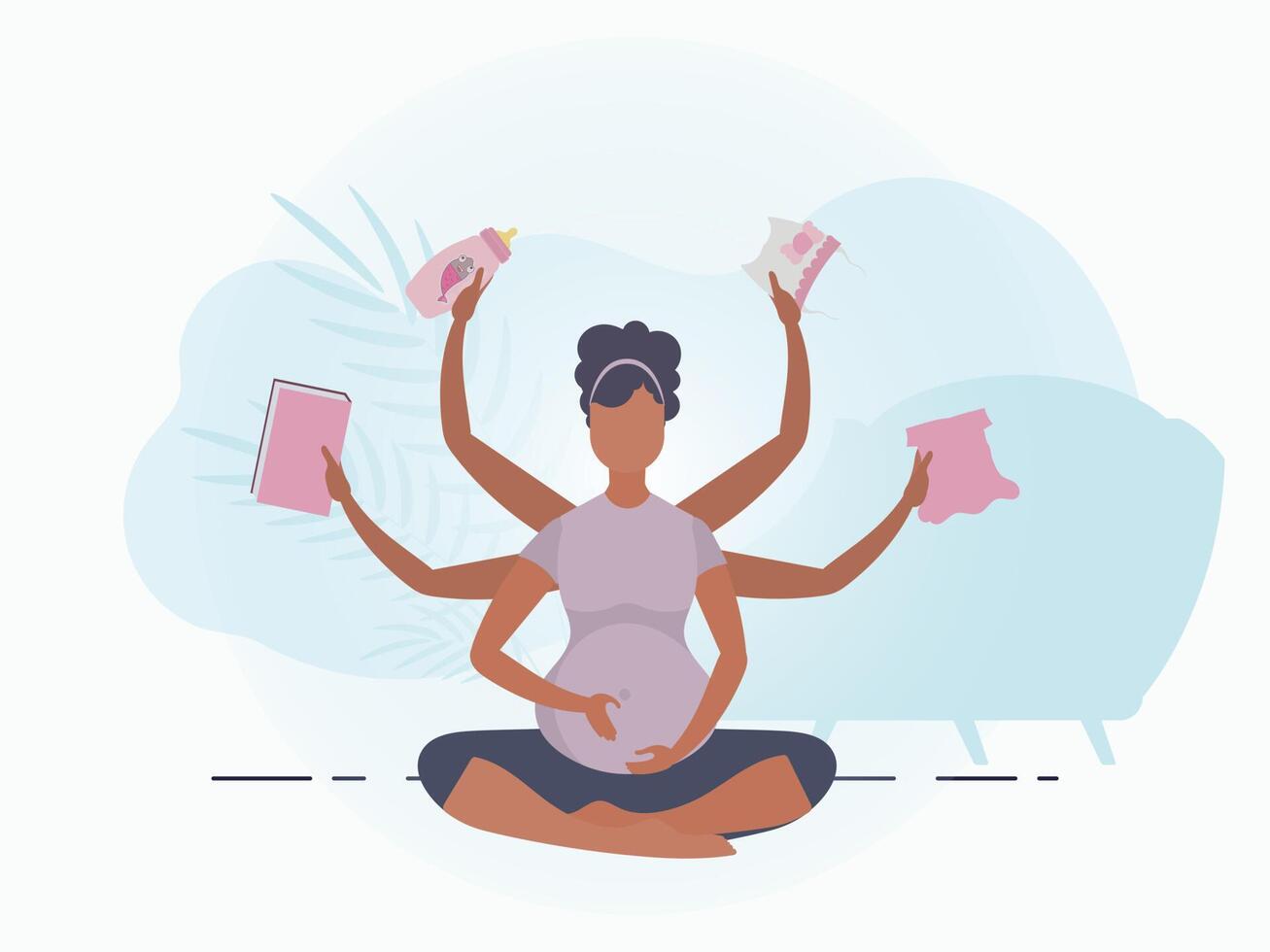 Pregnant girl in the lotus position. Active well built pregnant female character. Banner in blue colors for your design. Vector illustration in cartoon style.