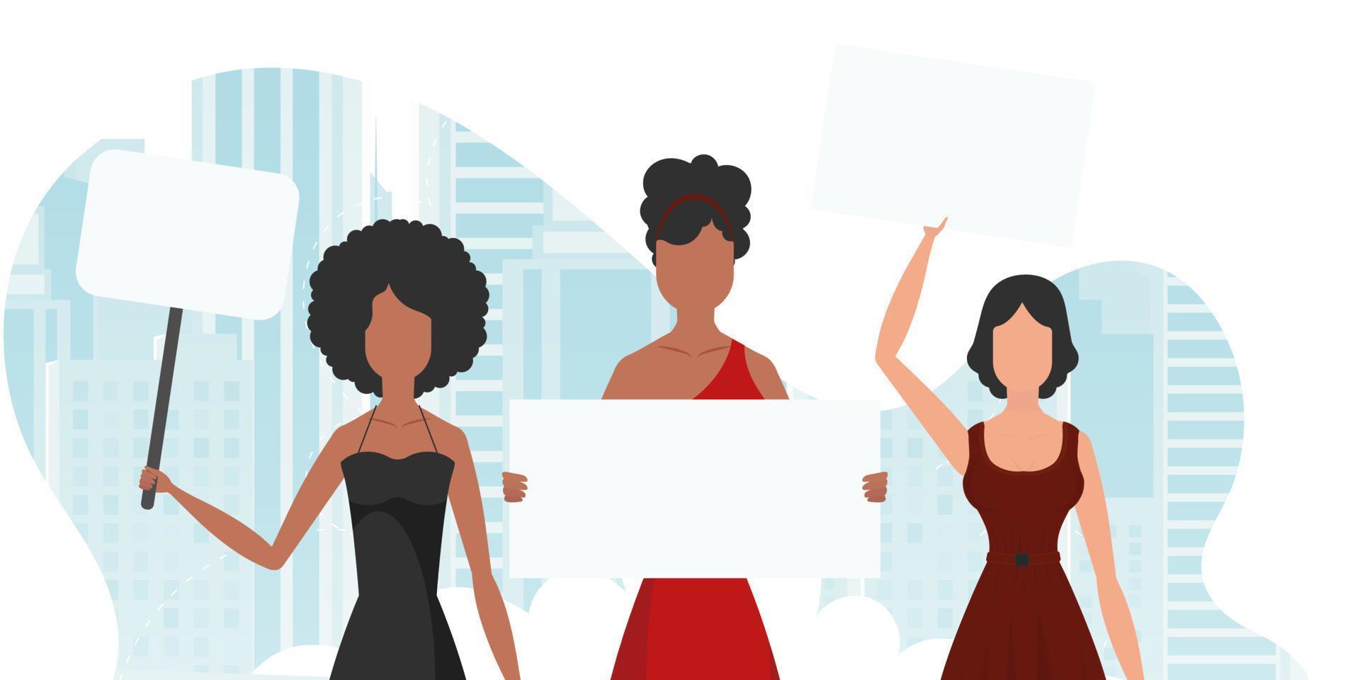 A group of girls are protesting. Banner in blue tones. Cute illustration in flat style. vector