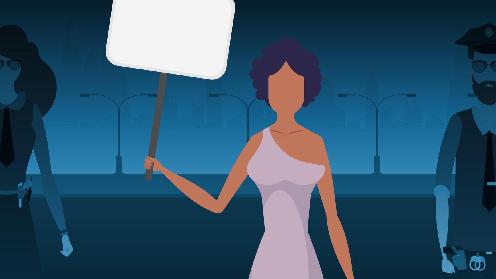 A woman protests with a banner against the backdrop of the city. The concept of expressing thoughts, dissatisfaction and protests. Vector illustration.